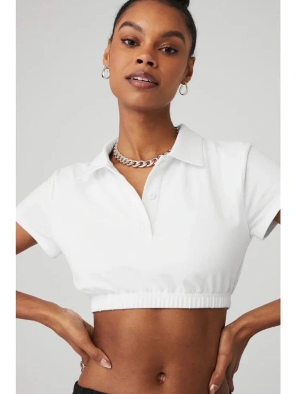 NWT Alo Cropped Prestige Polo Top Sz XS White Built In Bra Preppy Activewear